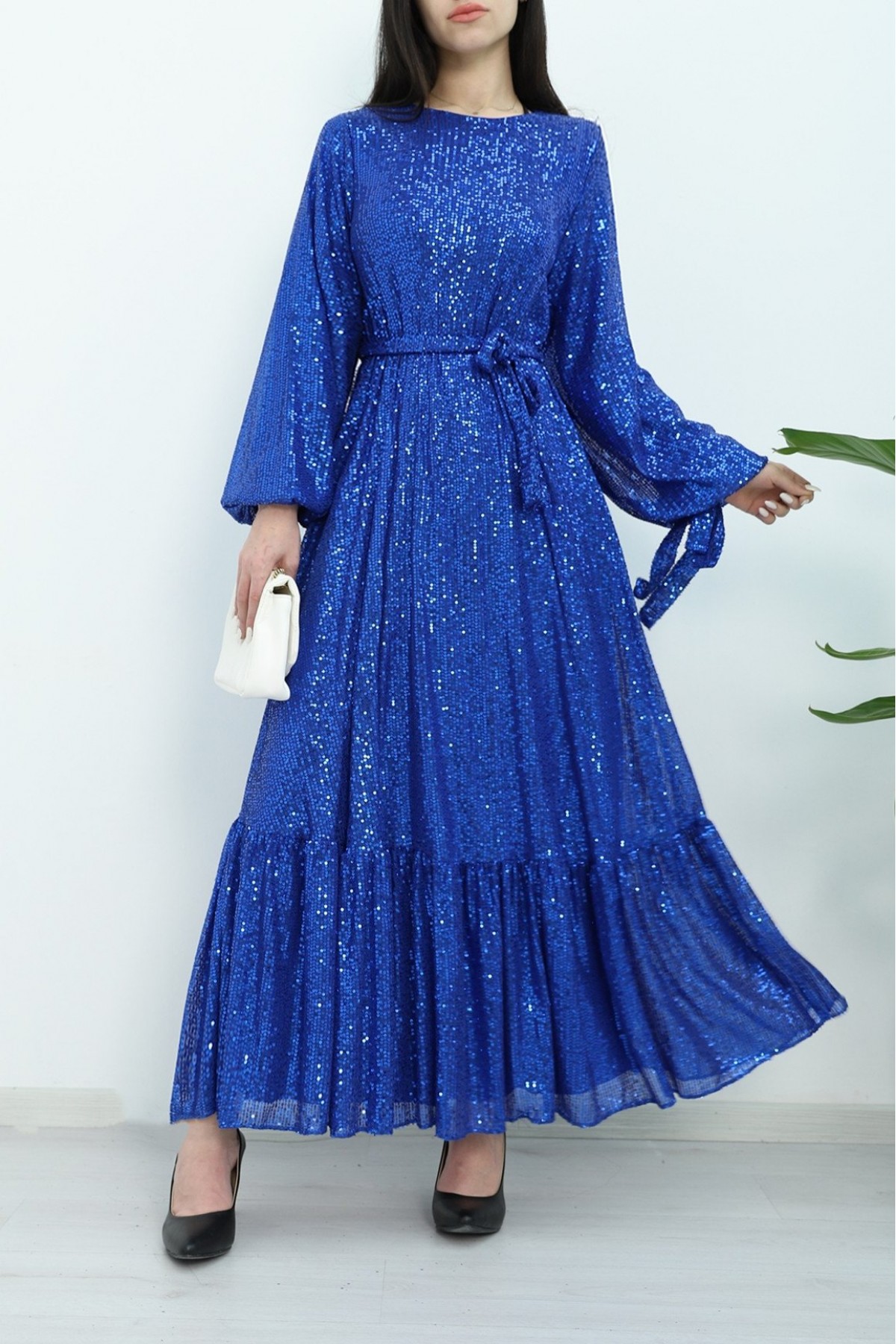 Belted Evening Dress with Stitched Skirt -Saxe 
