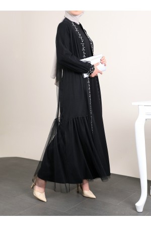 İncili Taşlı İkili Abaya Takım -Siyah