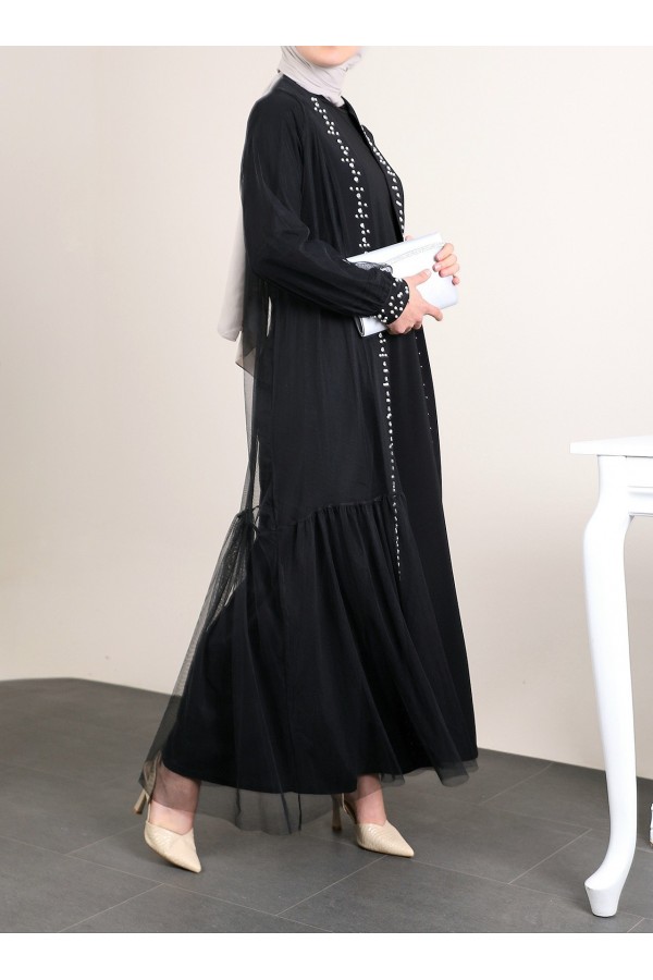 İncili Taşlı İkili Abaya Takım -Siyah