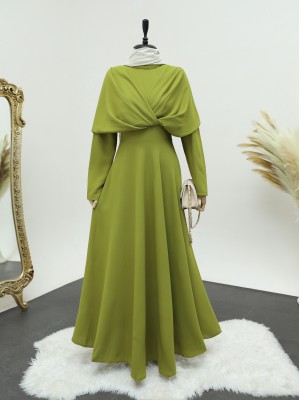 Criss-Cross Front Double Layer Magnificent Collar Crepe Dress -Oil Green