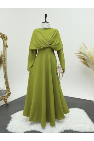 Önü Çapraz Çift Kat Hakim Yaka Krep Elbise -Yağ Yeşili