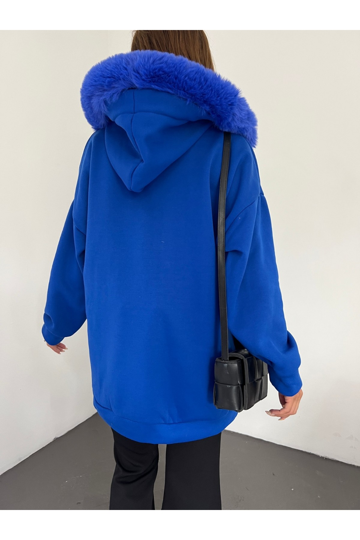 Hooded Fur Zippered Fleece -Saxe 