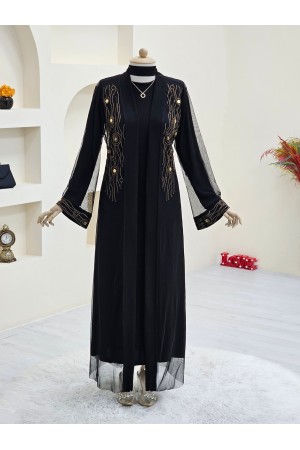 Önü Ve Manşeti Taşlı Abaya  -Bakır