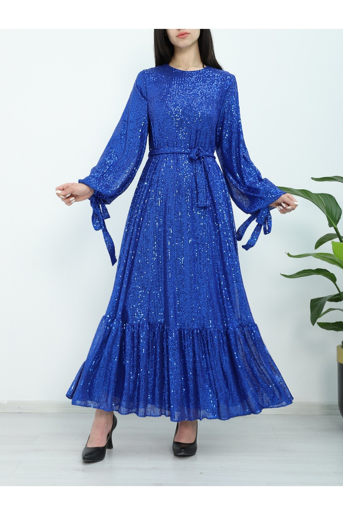 Belted Evening Dress with Stitched Skirt -Saxe 