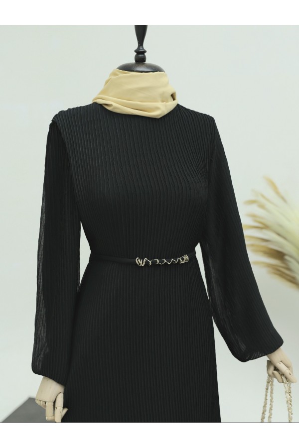Crew Neck Lace Up Long Dress -Black