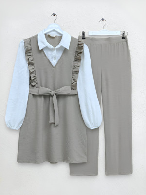 Önü Fırfırlı Kemerli Parçalı Kumaş Ayrobin Takım -Bej