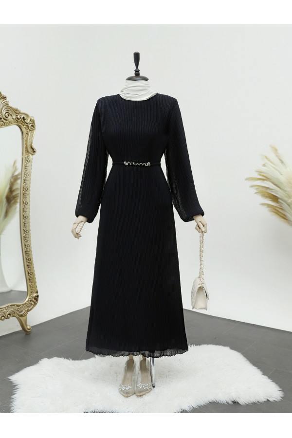Crew Neck Lace Up Long Dress -Black