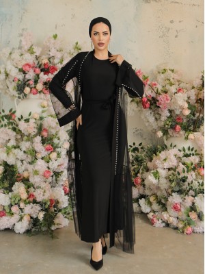 Yakası ve Kolları İncili Beli Bağcıklı İkili Abaya -Siyah