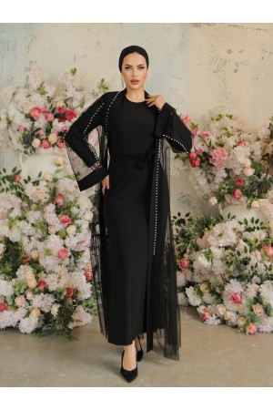 Yakası ve Kolları İncili Beli Bağcıklı İkili Abaya -Siyah