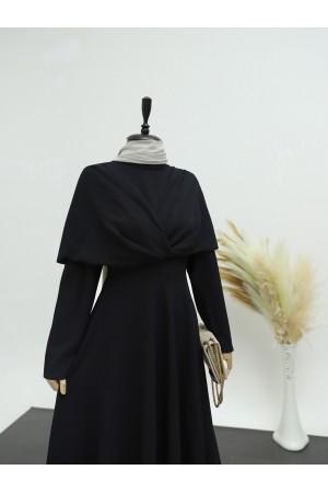 Önü Çapraz Çift Kat Hakim Yaka Krep Elbise -Siyah