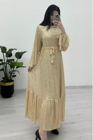 Eteği Dikişli Kemerli Abiye -Altın