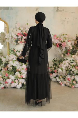 Yakası ve Kolları İncili Beli Bağcıklı İkili Abaya -Siyah