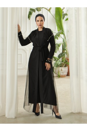 İnci Detaylı Tül Hırkalı Sendy Abaya -Siyah