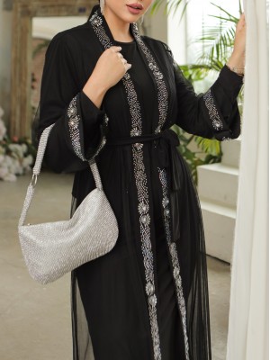 Manşetleri Taş İşlemeli Kemerli İkili Abaya Takım -Siyah