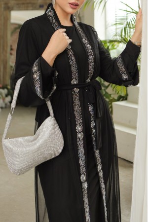 Manşetleri Taş İşlemeli Kemerli İkili Abaya Takım -Siyah
