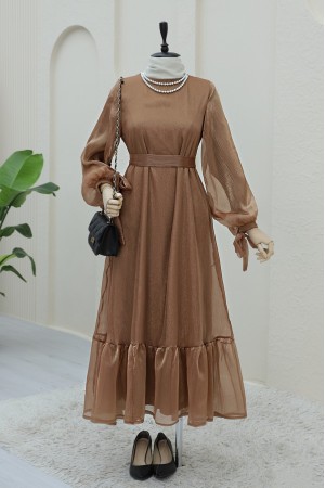 Janjan Dress with Lace Sleeves and Pieced Skirt   -Cinnamon