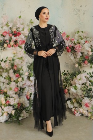 Kolları İncili Taşlı İkili Abaya Takım -Siyah