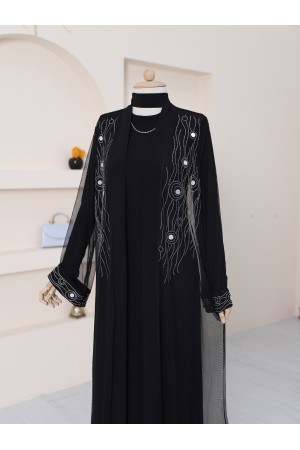 Önü Ve Manşeti Taşlı Abaya  -Gümüş