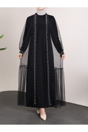 İncili Taşlı İkili Abaya Takım -Siyah