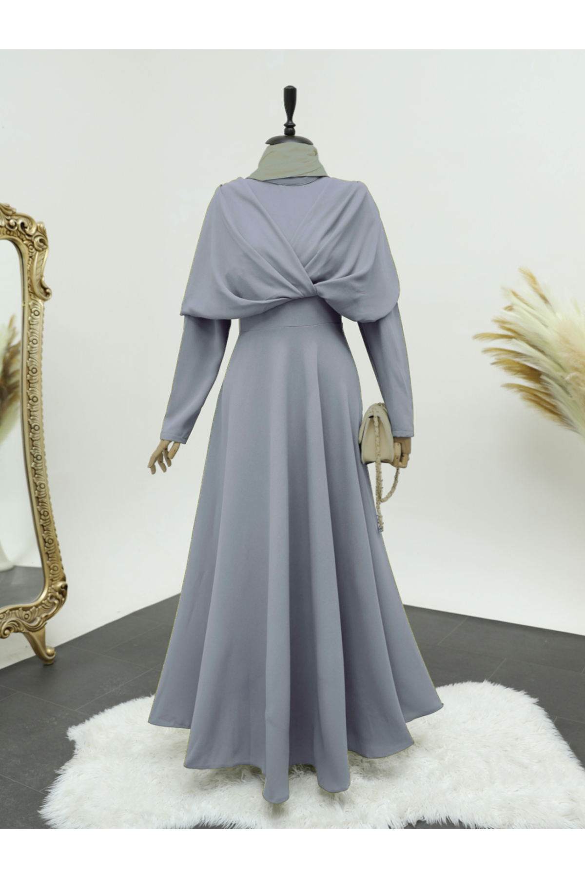 Criss-Cross Front Double Layer Magnificent Collar Crepe Dress -Grey