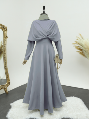 Criss-Cross Front Double Layer Magnificent Collar Crepe Dress -Grey