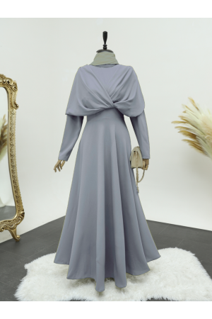 Criss-Cross Front Double Layer Magnificent Collar Crepe Dress -Grey