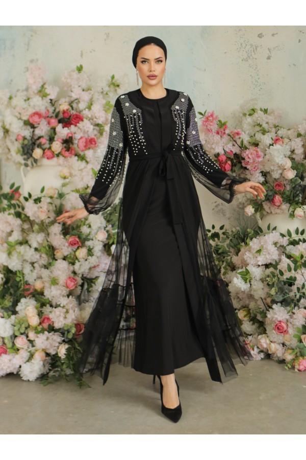 Kolları İncili Taşlı İkili Abaya Takım -Siyah