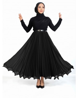 Flounce Elastic Waist Chiffon Pleated Skirt -Black