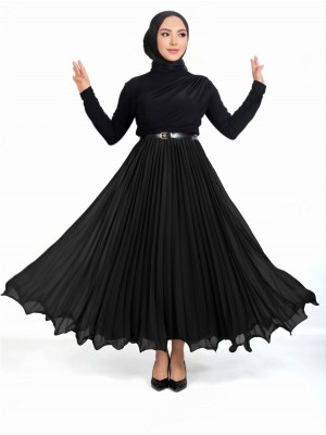 Volanlı Beli Lastikli Şifon Pliseli Etek -Siyah