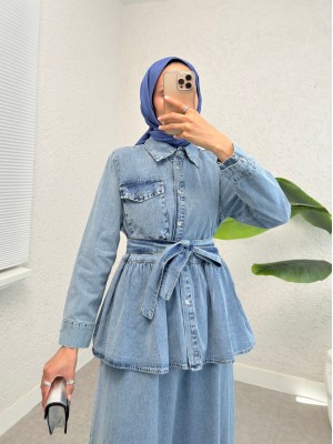 Parçalı Kemerli Jile Ceket İkili Kot Elbise  -Buz Mavi