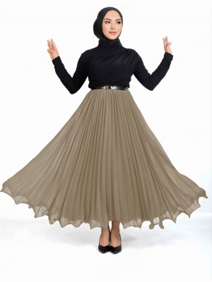 Volanlı Beli Lastikli Şifon Pliseli Etek -Vizon