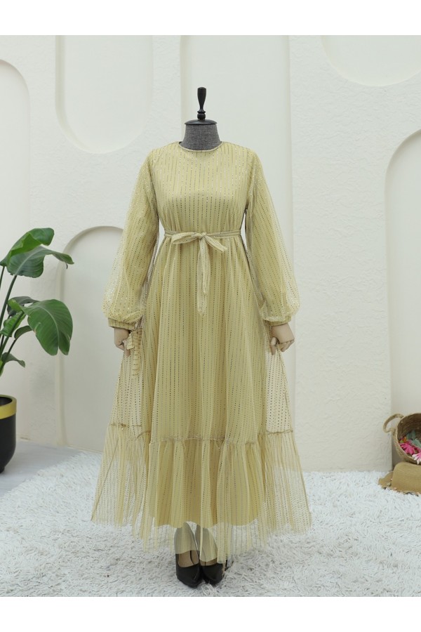 Kolu Bağlamalı Pul Detaylı Astarlı Kemerli Elbise -Sarı