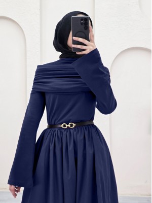 Draped Shawl Detailed Piece Dress -Navy blue