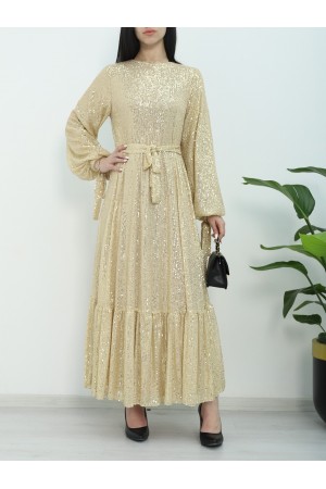 Eteği Dikişli Kemerli Abiye -Altın