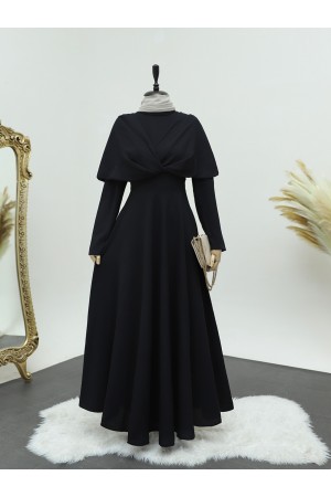 Önü Çapraz Çift Kat Hakim Yaka Krep Elbise -Siyah