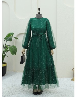 Lace-Up Tulle Dress with Sprinkled Sequin Detail -Emerald