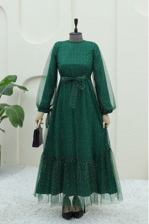 Lace-Up Tulle Dress with Sprinkled Sequin Detail -Emerald