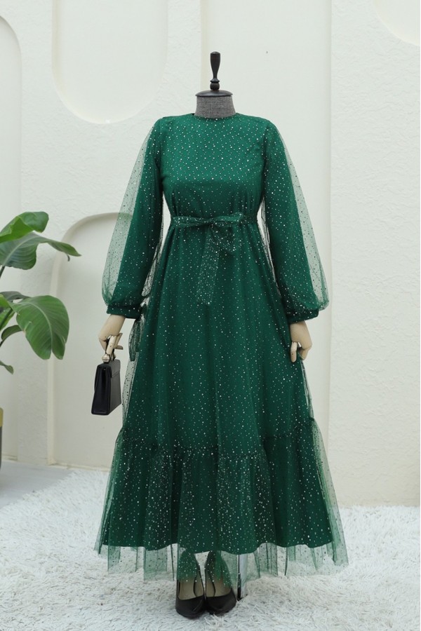 Lace-Up Tulle Dress with Sprinkled Sequin Detail -Emerald