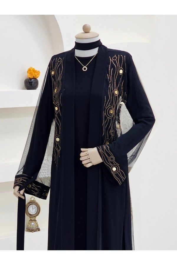 Önü Ve Manşeti Taşlı Abaya  -Bakır