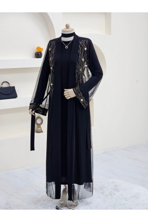 Önü Ve Manşeti Taşlı Abaya  -Bakır