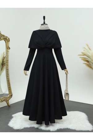 Önü Çapraz Çift Kat Hakim Yaka Krep Elbise -Siyah