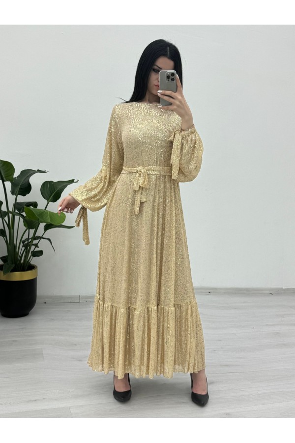 فستان سهرة بحزام مع تنورة مخيطة -الذهب