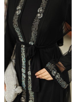 Manşetleri Taş İşlemeli Kemerli İkili Abaya Takım -Siyah