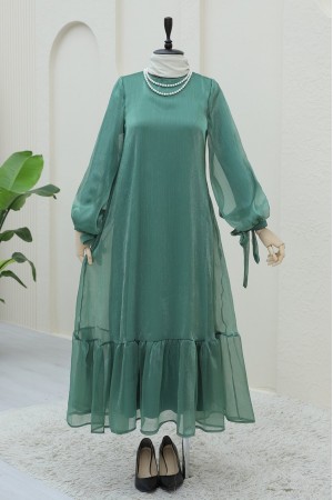 Janjan Dress with Lace Sleeves and Pieced Skirt   -Green