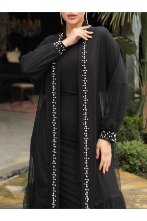 İncili Taşlı İkili Abaya Takım -Siyah