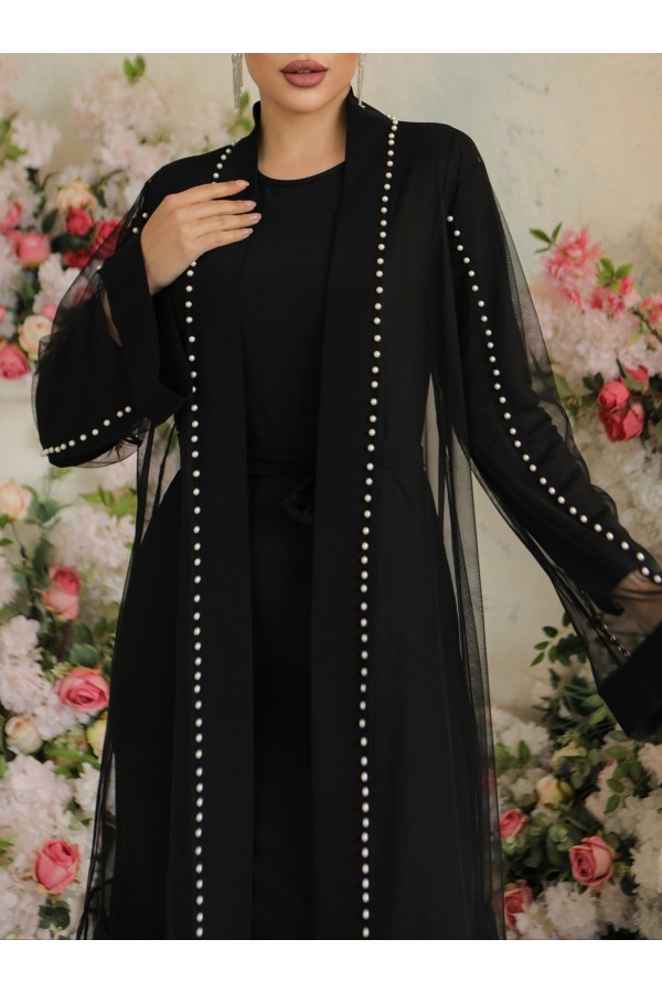 Pearly Collar and Sleeves Tied Waist Double Abaya -Black