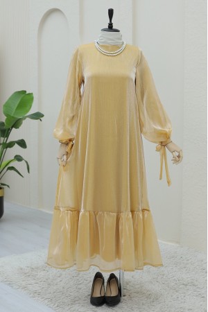 Janjan Dress with Lace Sleeves and Pieced Skirt   -Salmon