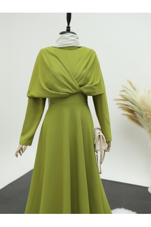 Önü Çapraz Çift Kat Hakim Yaka Krep Elbise -Yağ Yeşili