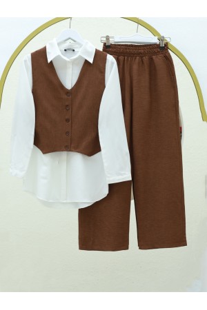 Düğmeli Yelekli Takım -Kahve