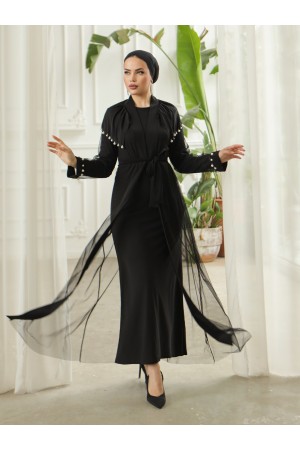 İnci Detaylı Tül Hırkalı Sendy Abaya -Siyah